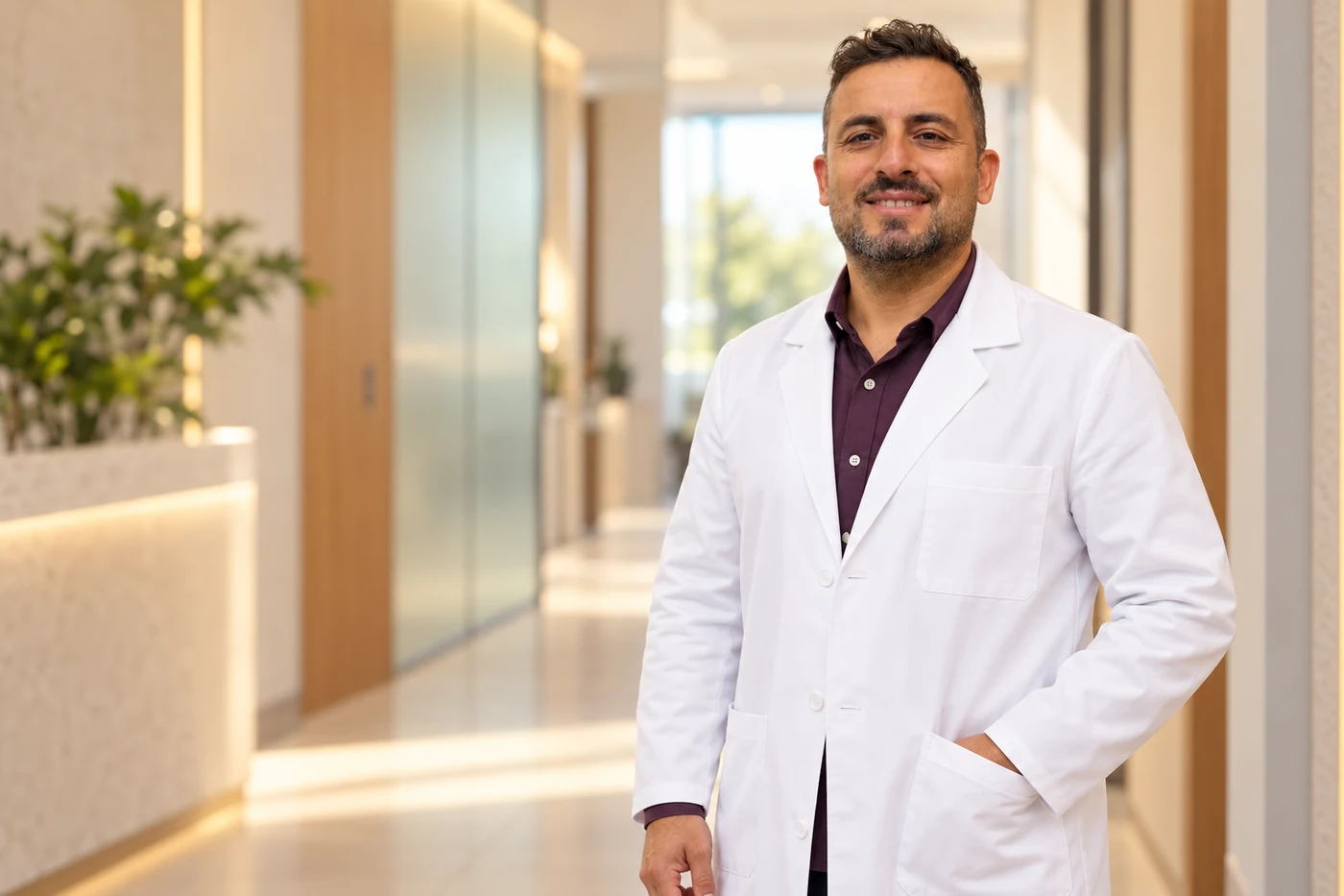 Op. Dr. Seraf Abay’ın klinikte beyaz önlükle ayakta portresi